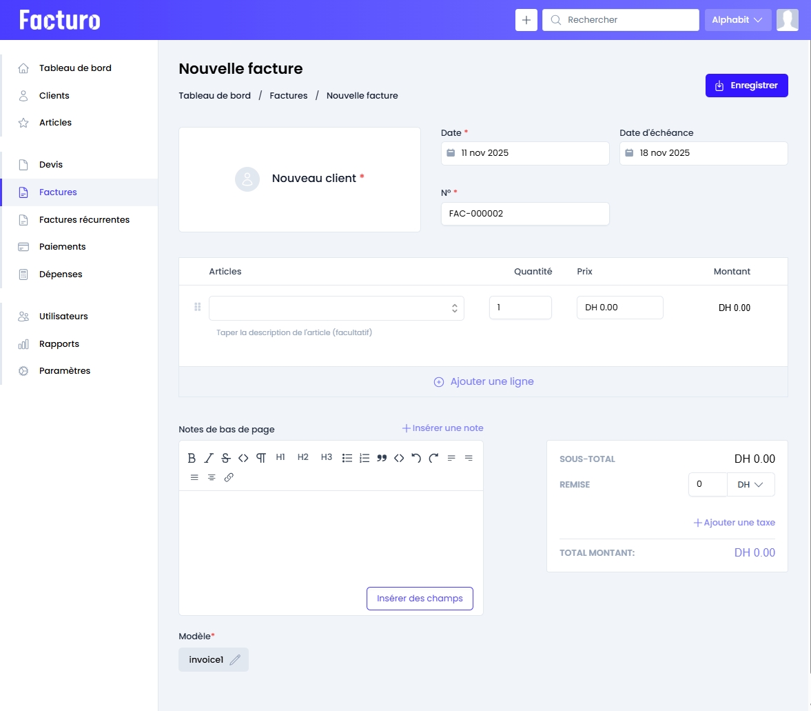Tableau de bord Facturo